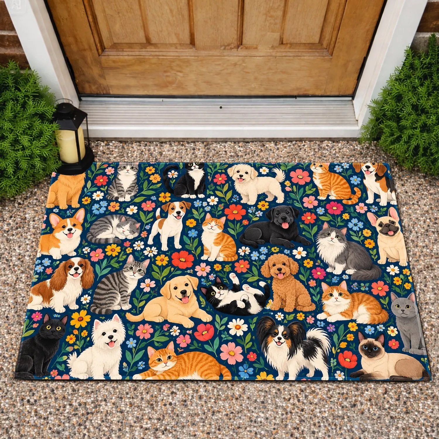 Navy Cat And Dog Floral Garden For Cheerful Pet Lover Home Décor And Cozy Entryways Doormat - 1