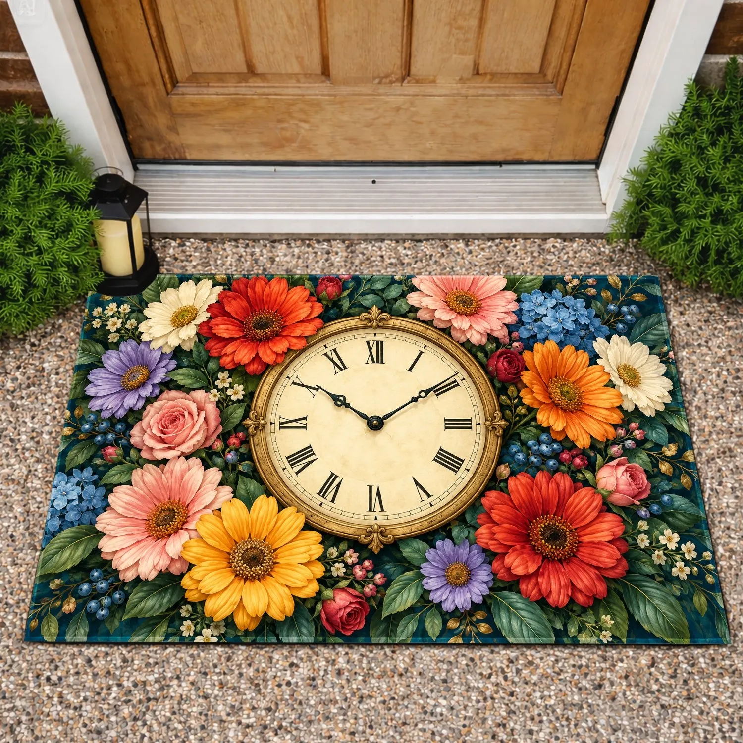Vintage Floral Roman Numeral Clock for Timeless Cottage Entryway Style and Garden Lovers Doormat - 1