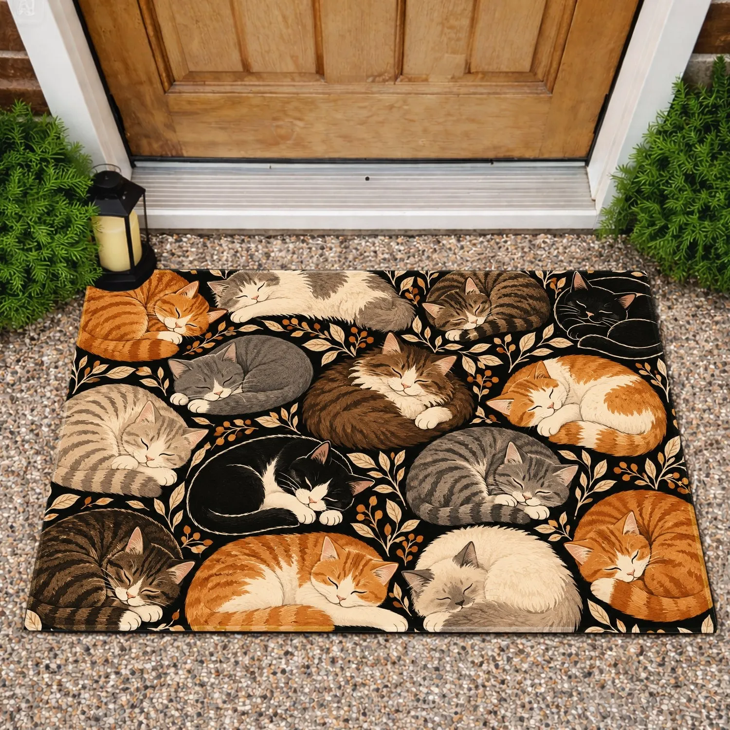 Sleeping Cat Family with Autumn Foliage for Cozy Homes and Thoughtful Cat Lover Gifts Doormat - 1