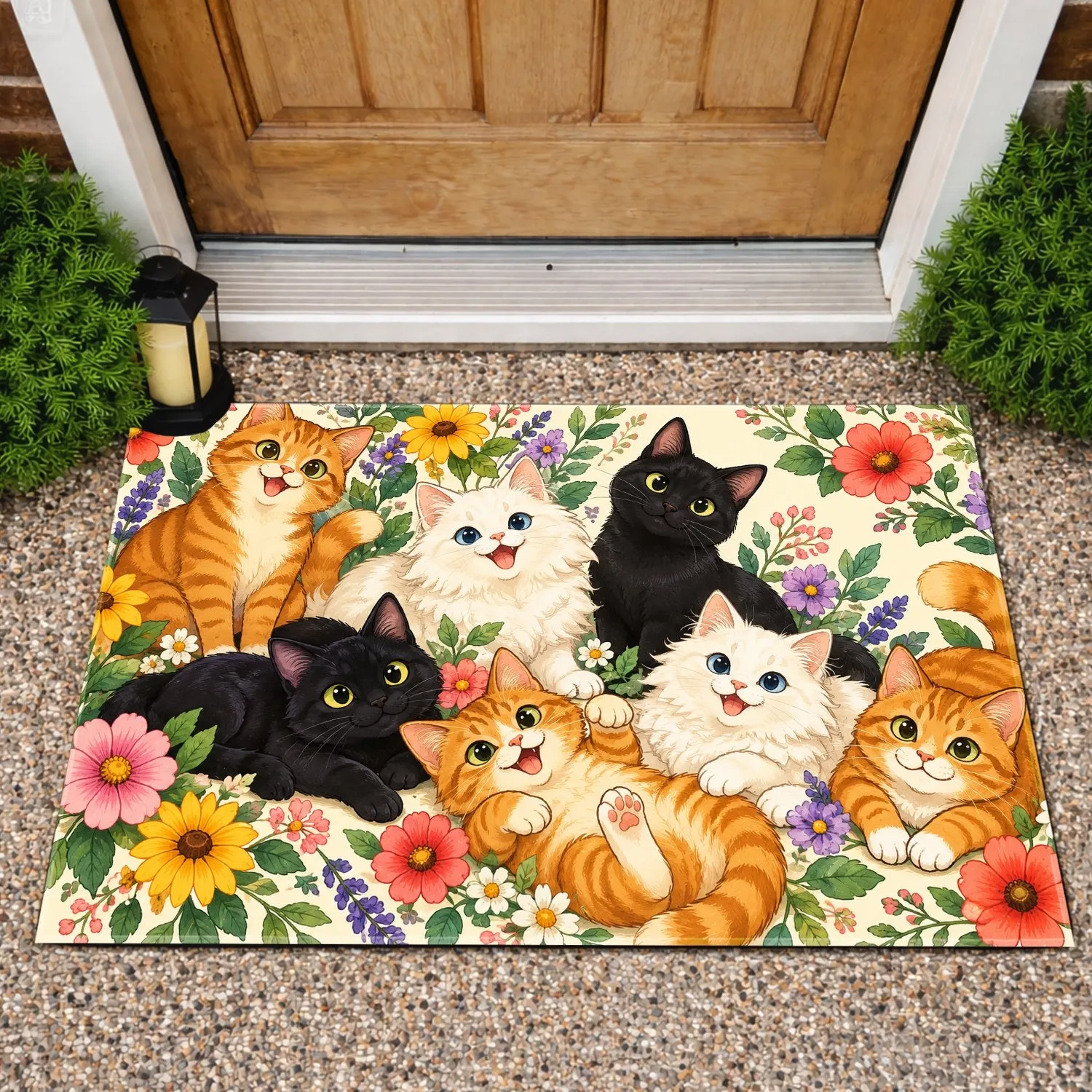 Playful Cartoon Cats Among Bright Garden Flowers for Cheerful Everyday Home Living Spaces Doormat - 1