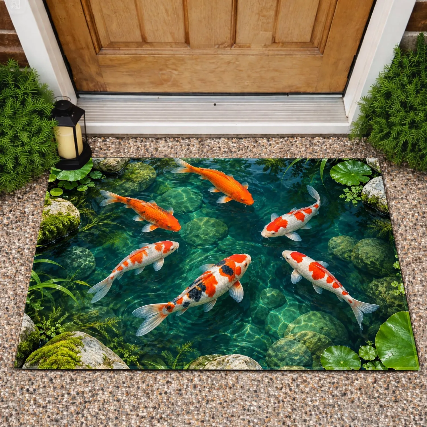 Koi Fish and River Stone Pond Scene for Serene Garden Living and Calm Nature Lovers Doormat - 1
