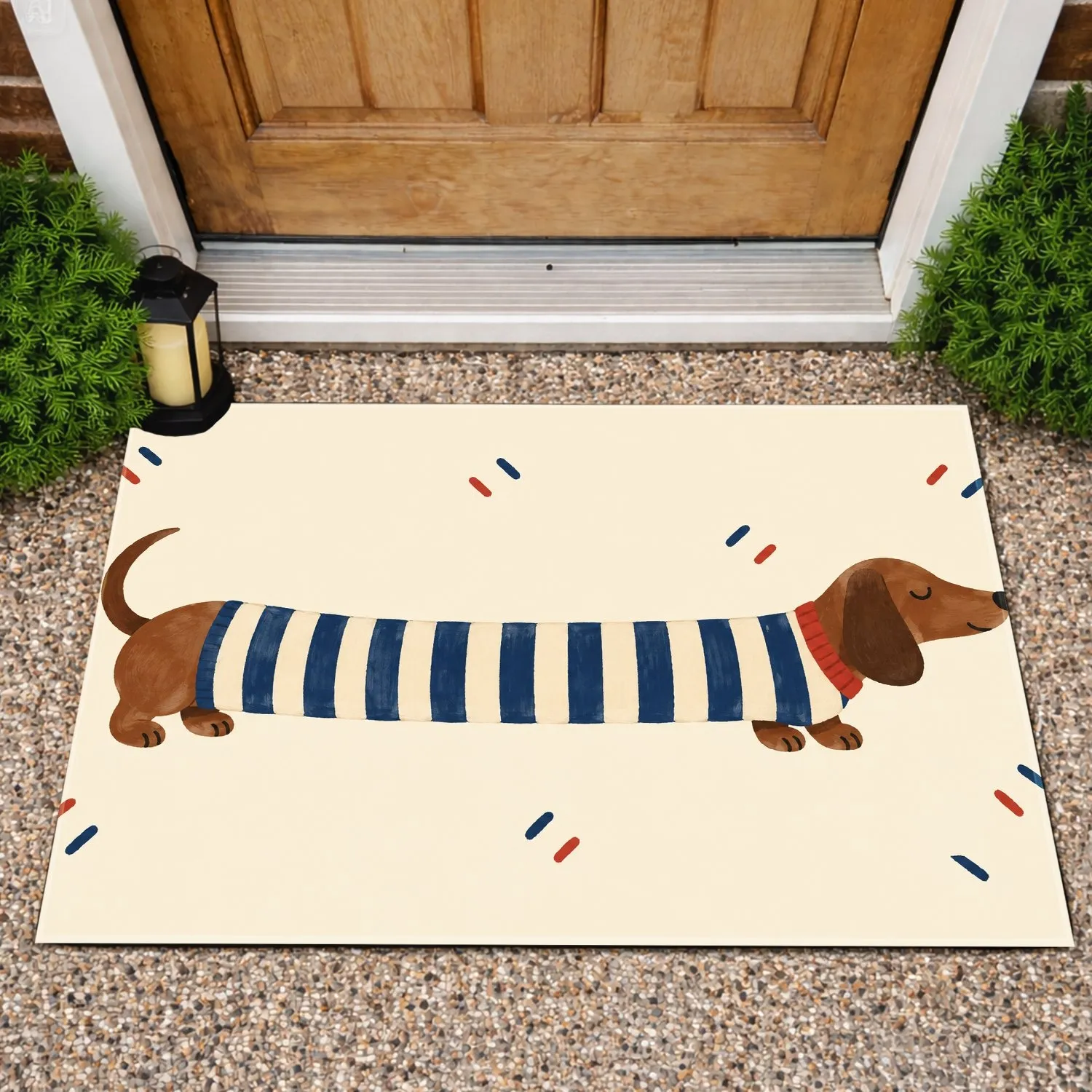 Long Dachshund in Blue Striped Sweater for Cozy Dog-Loving Homes and Welcoming Hallways Doormat - 1