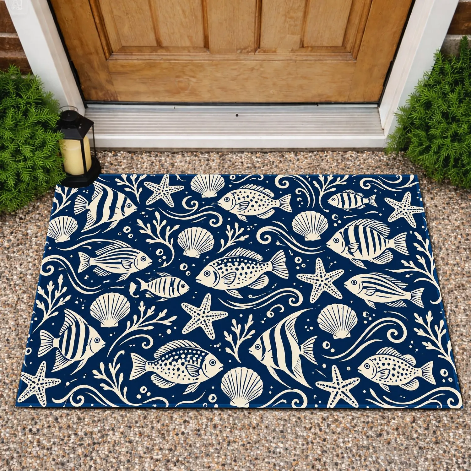 Navy Blue Ocean Fish and Seashells for Coastal Summer Home Styling and Beach Lovers Doormat - 1