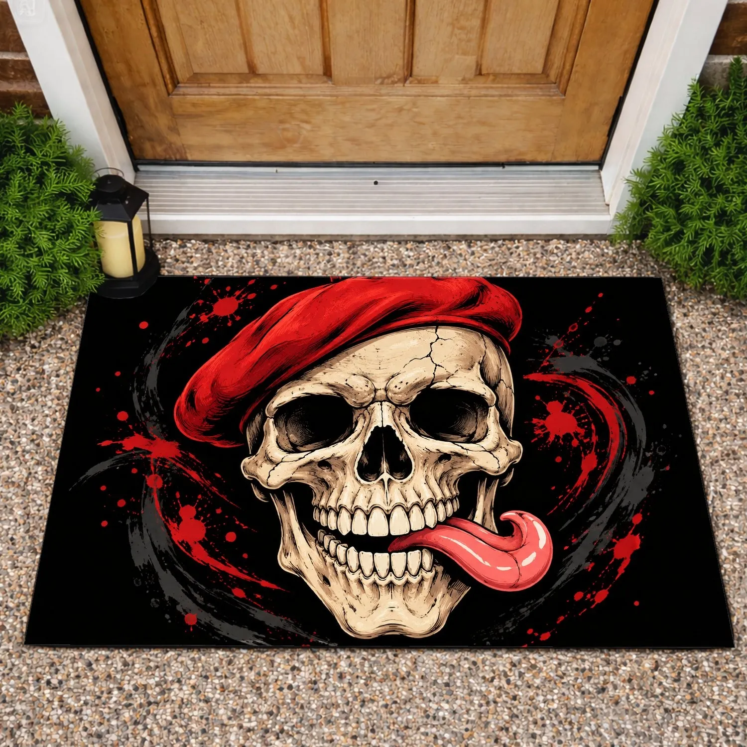Playful Skull With Red Beret And Pink Tongue For Bold Gothic Home Decor Lovers Doormat - 1