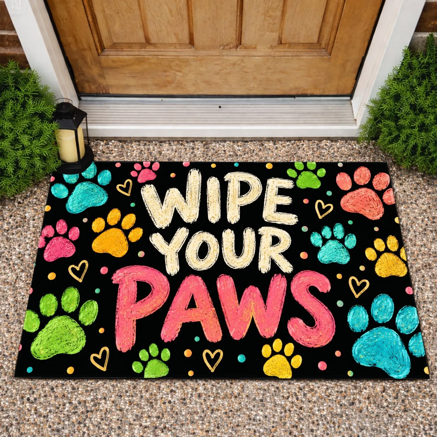 Colorful Paw Prints and Wipe Your Paws Message for Pet Lover Entryway Home Style Doormat - 1