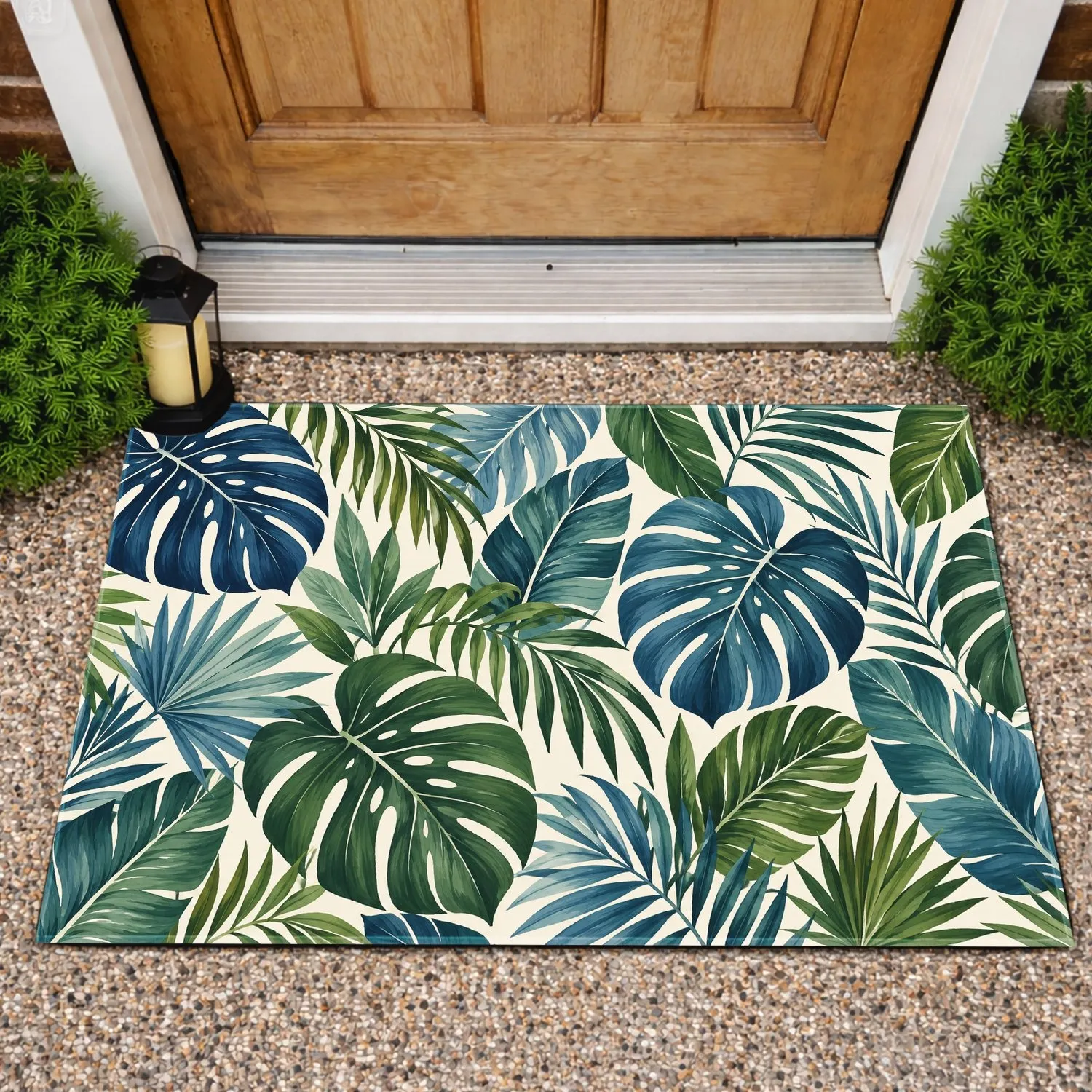 Tropical Blue And Green Leaf Motifs For Relaxed Garden And Coastal Living All Year Doormat - 1