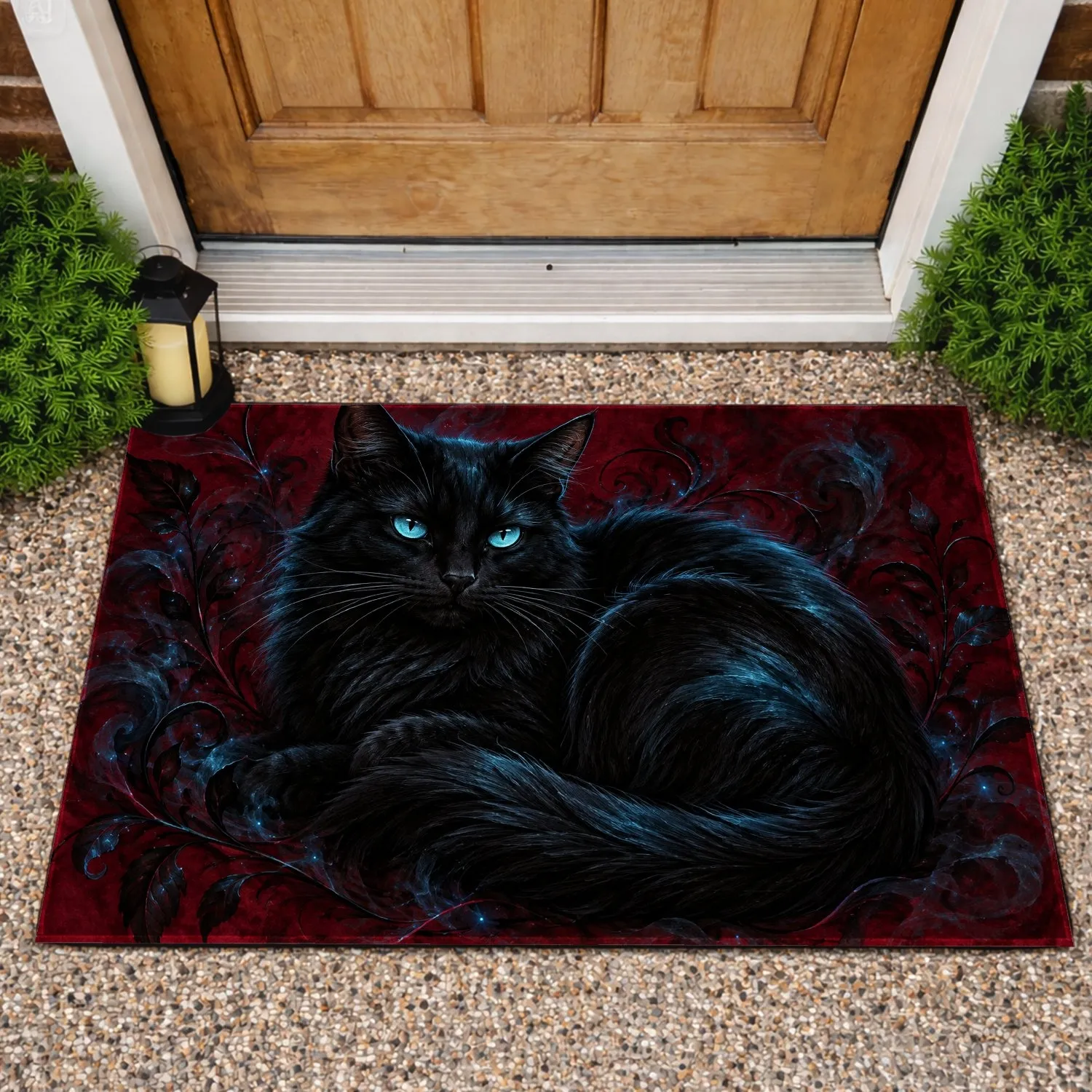 Mysterious Black Cat With Glowing Blue Eyes For Cozy Gothic Home Decor Doormat - 1