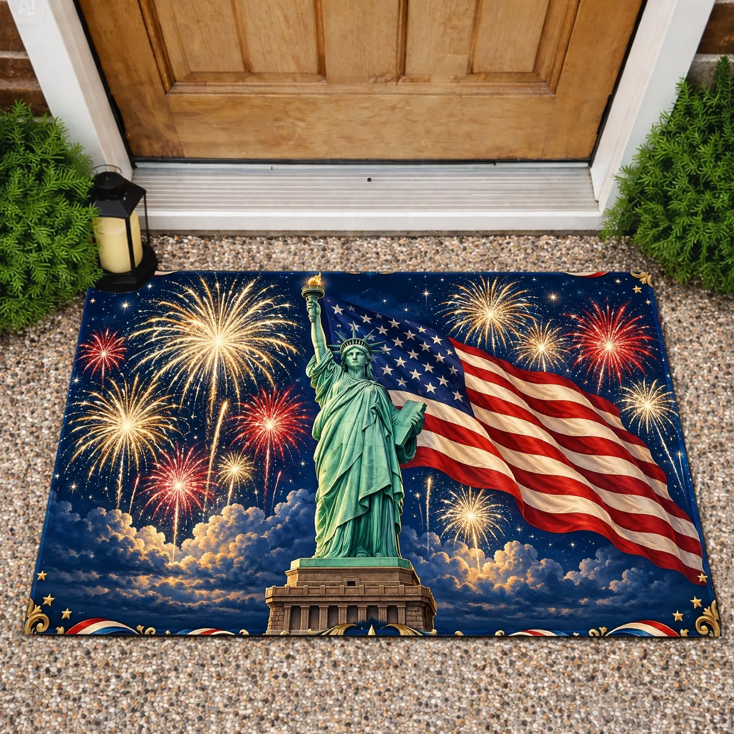 Statue of Liberty and American Flag Fireworks for Fourth of July Holiday Celebrations Doormat - 1