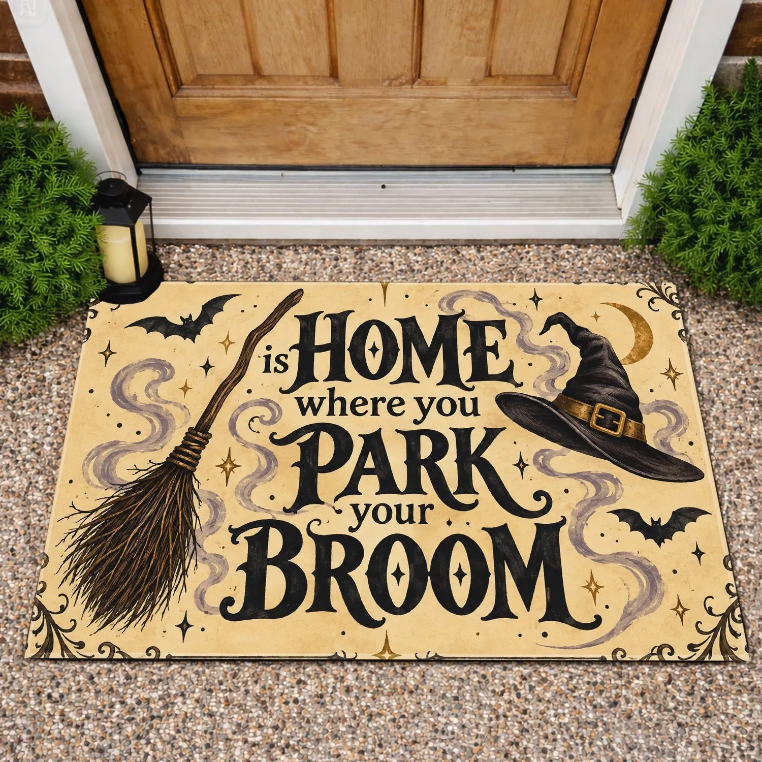 Witch Hat Broom And Bat Halloween Welcome Saying For A Cozy Witchy Home Entrance Doormat - 1