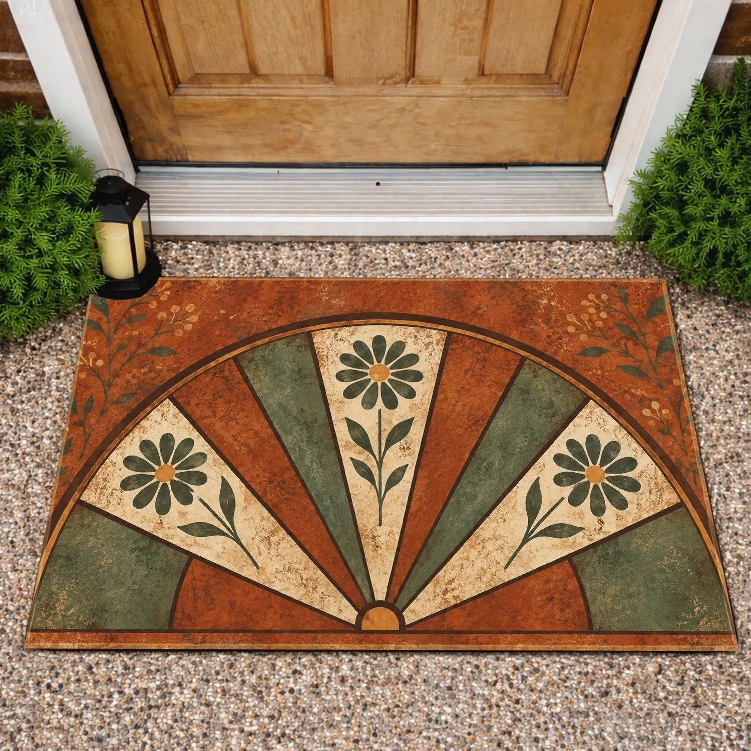 Rustic Rust Medallion with Daisy Panels for Farmhouse Entryway Seasonal Home Style Doormat - 1