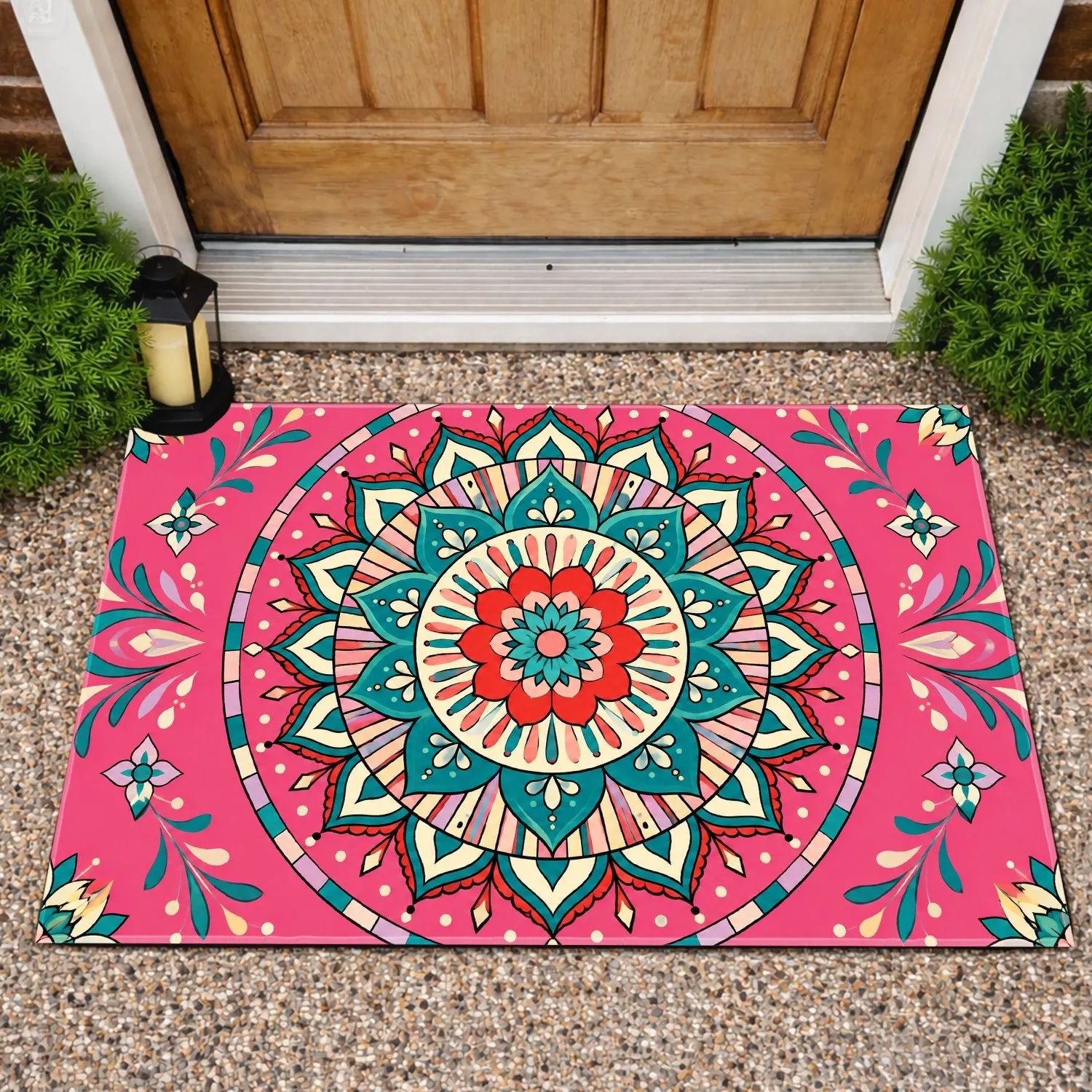 Vibrant Teal And Coral Mandala For Colorful Bohemian Entryway Home Decor Doormat - 1