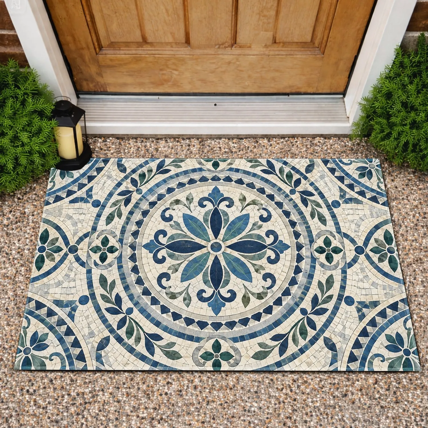 Blue Mosaic Courtyard Medallion for Mediterranean Home Entry and Garden Style Lovers Doormat - 1