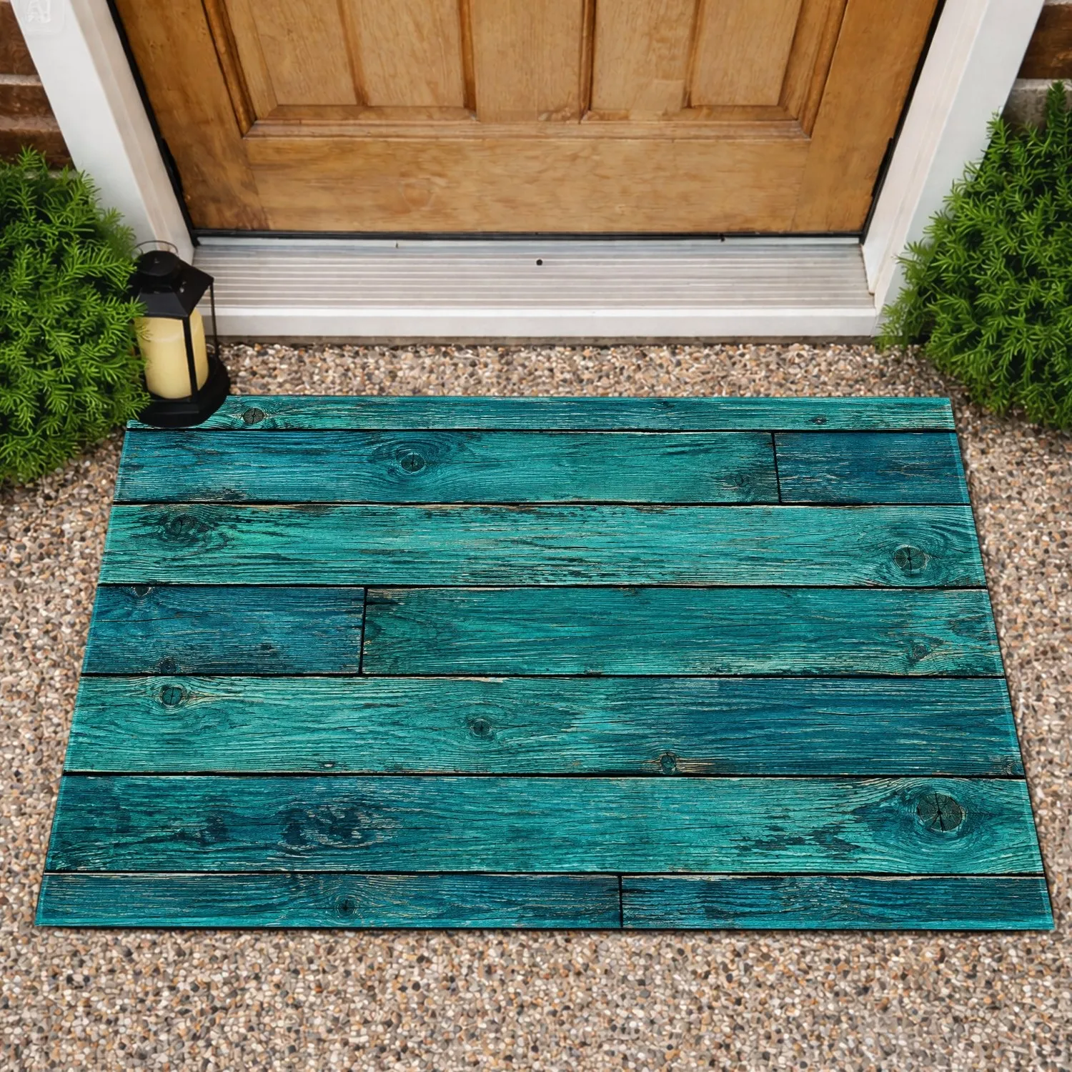 Teal Weathered Wood Planks for Rustic Holiday Entryways and Cozy Seasonal Home Decor Doormat - 1