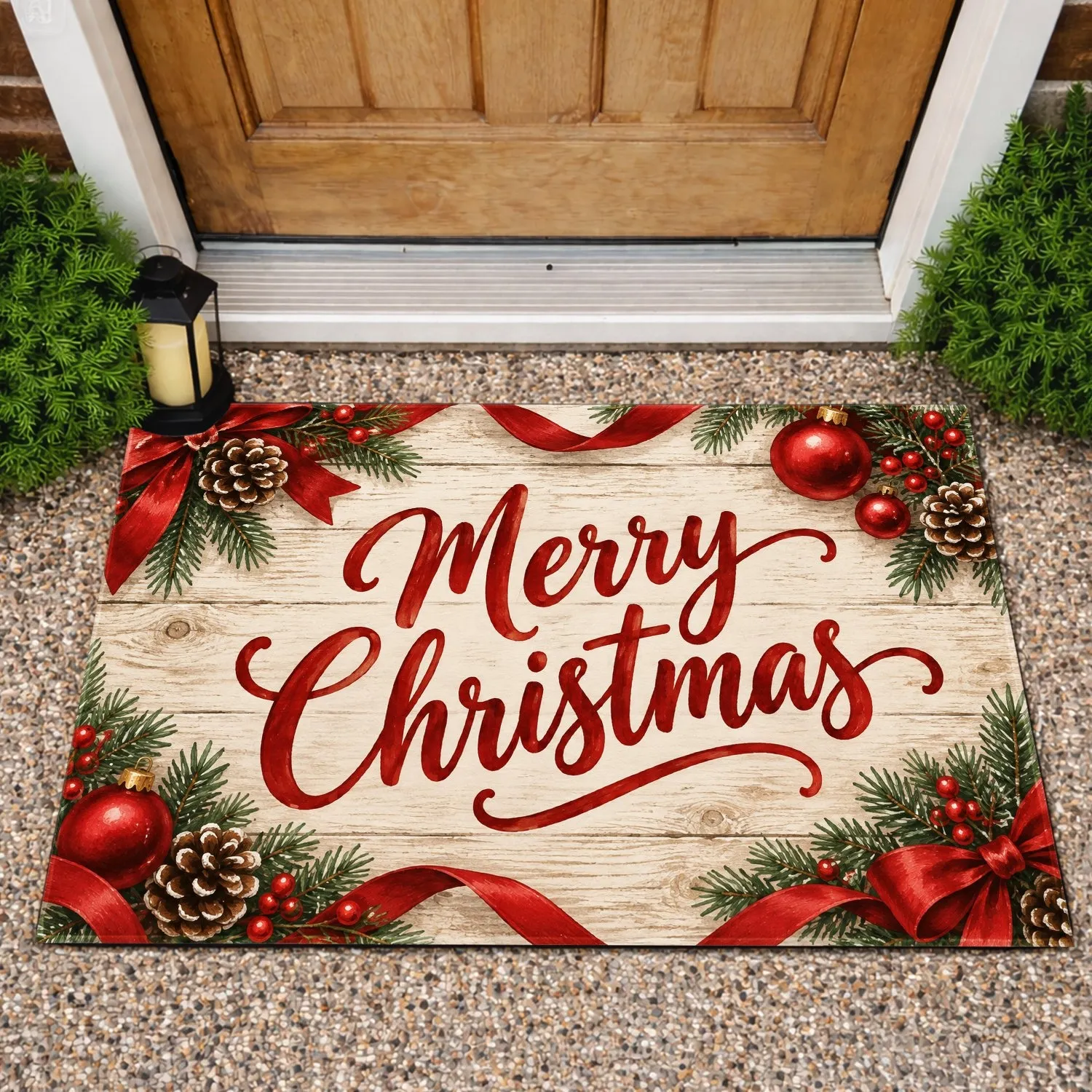 Merry Christmas Red Script on Rustic Whitewashed Wood for Holiday Home Celebrations Doormat - 1