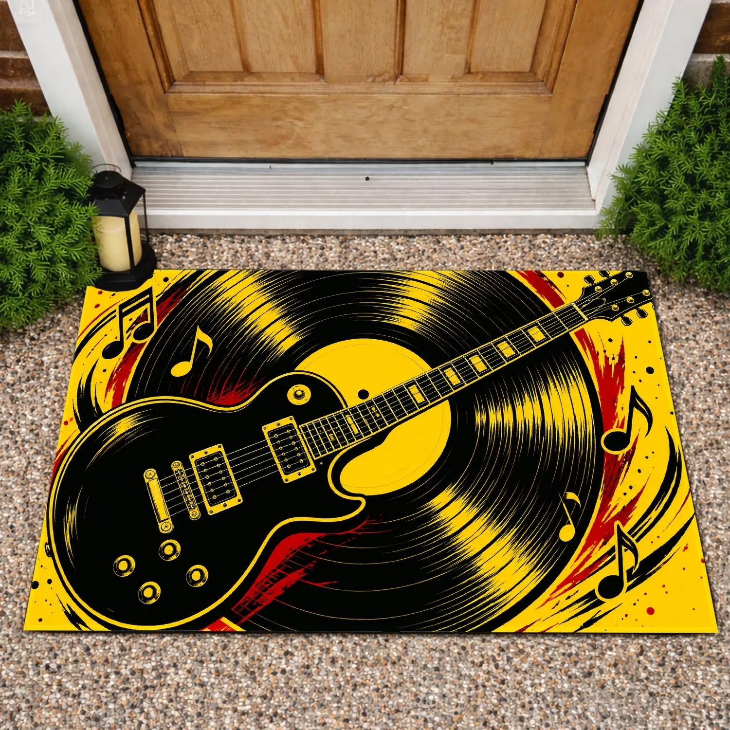 Golden Vinyl Record And Guitar Rock And Roll Music Gift For Classic Music Fans Doormat - 1