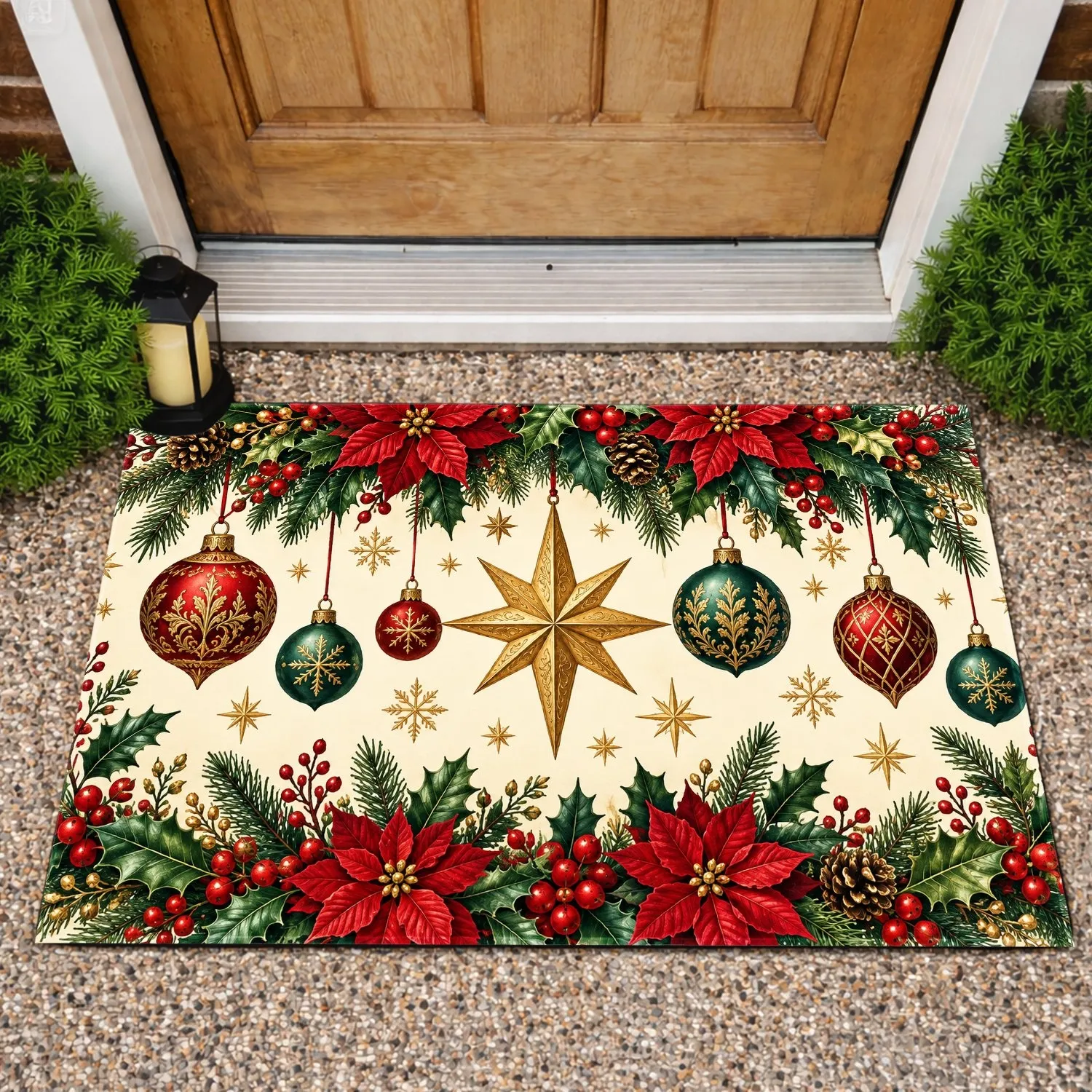 Christmas Poinsettias, Hanging Baubles And Golden Stars For Festive Holiday Entryways Doormat - 1