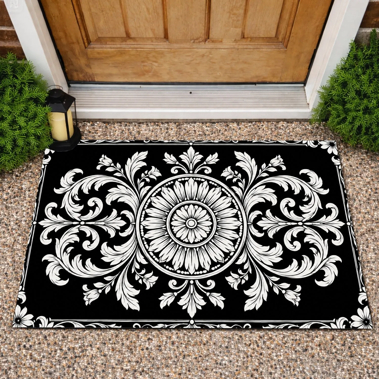 Black And White Baroque Floral Medallion For Elegant Entryway And Classic Home Style Doormat - 1