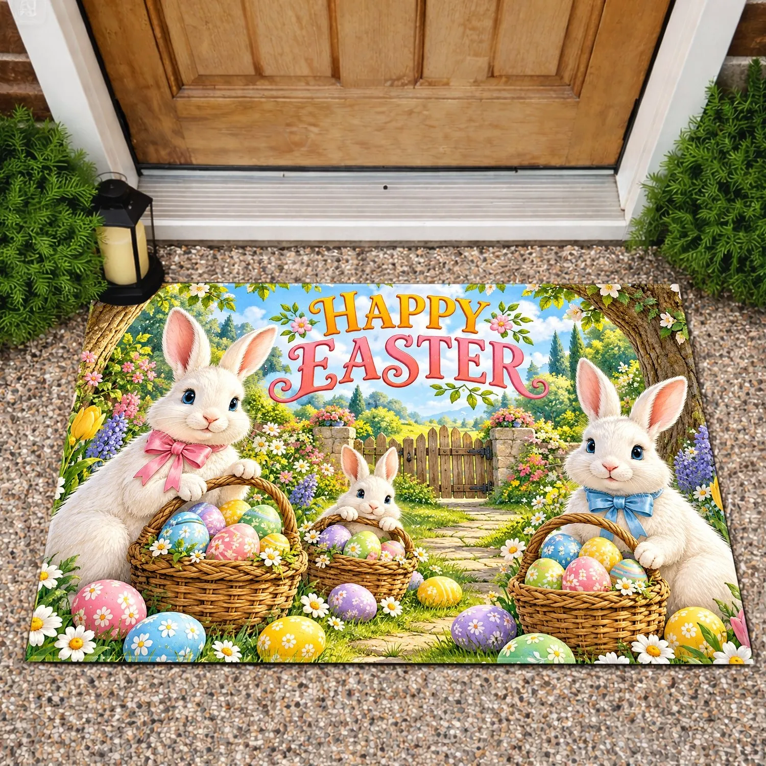 Easter Bunny Trio With Colorful Eggs for Joyful Springtime Holiday Celebrations Doormat - 1