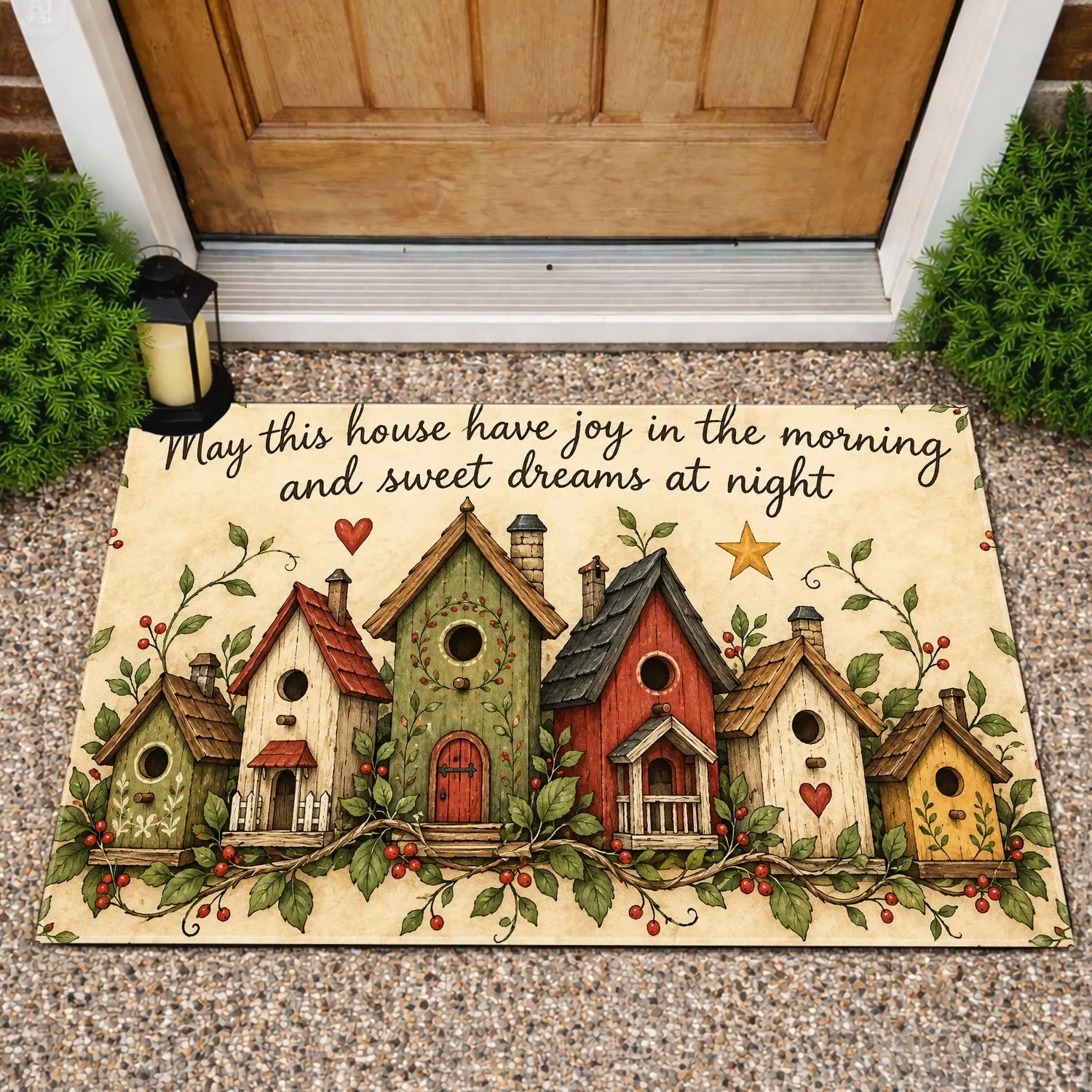 Whimsical Birdhouse Village for Cozy Cottage Entryways and Nature Loving Home Decor Doormat - 1