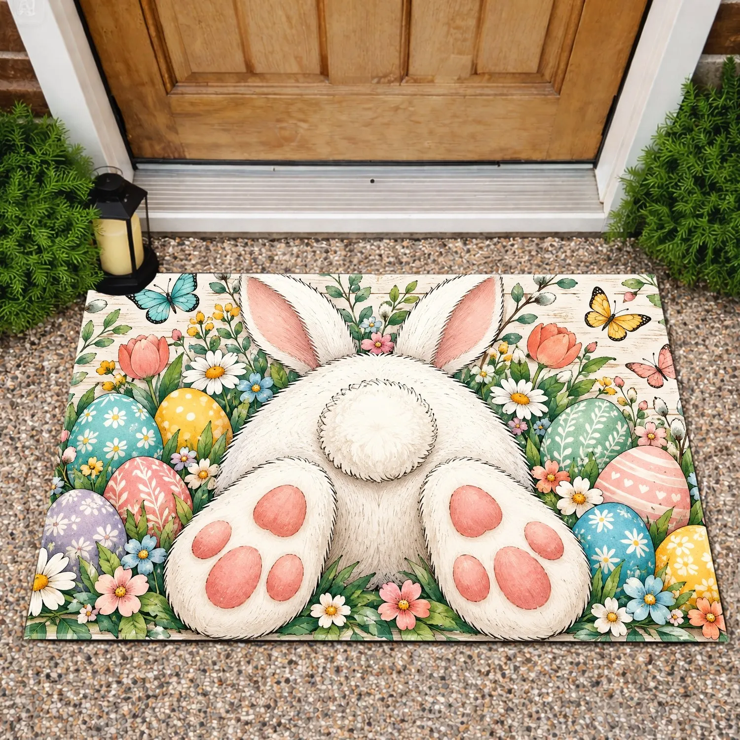 Playful White Bunny with Colorful Easter Eggs for Cheerful Springtime Home Decorating Doormat - 1