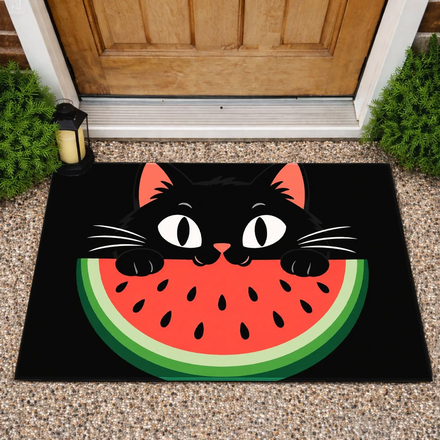 Black Cat And Watermelon Slice For Playful Summer Entryway Decor For Cat Lovers Home Doormat - 1