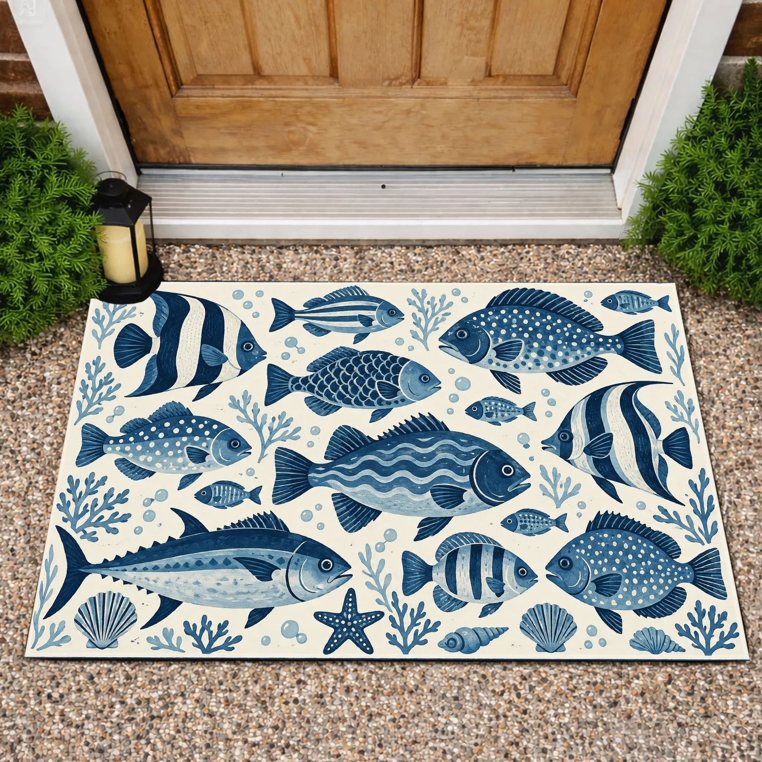 Navy Blue Ocean School of Fish for Coastal Home Decor, Beach Houses and Seaside Living Doormat - 1