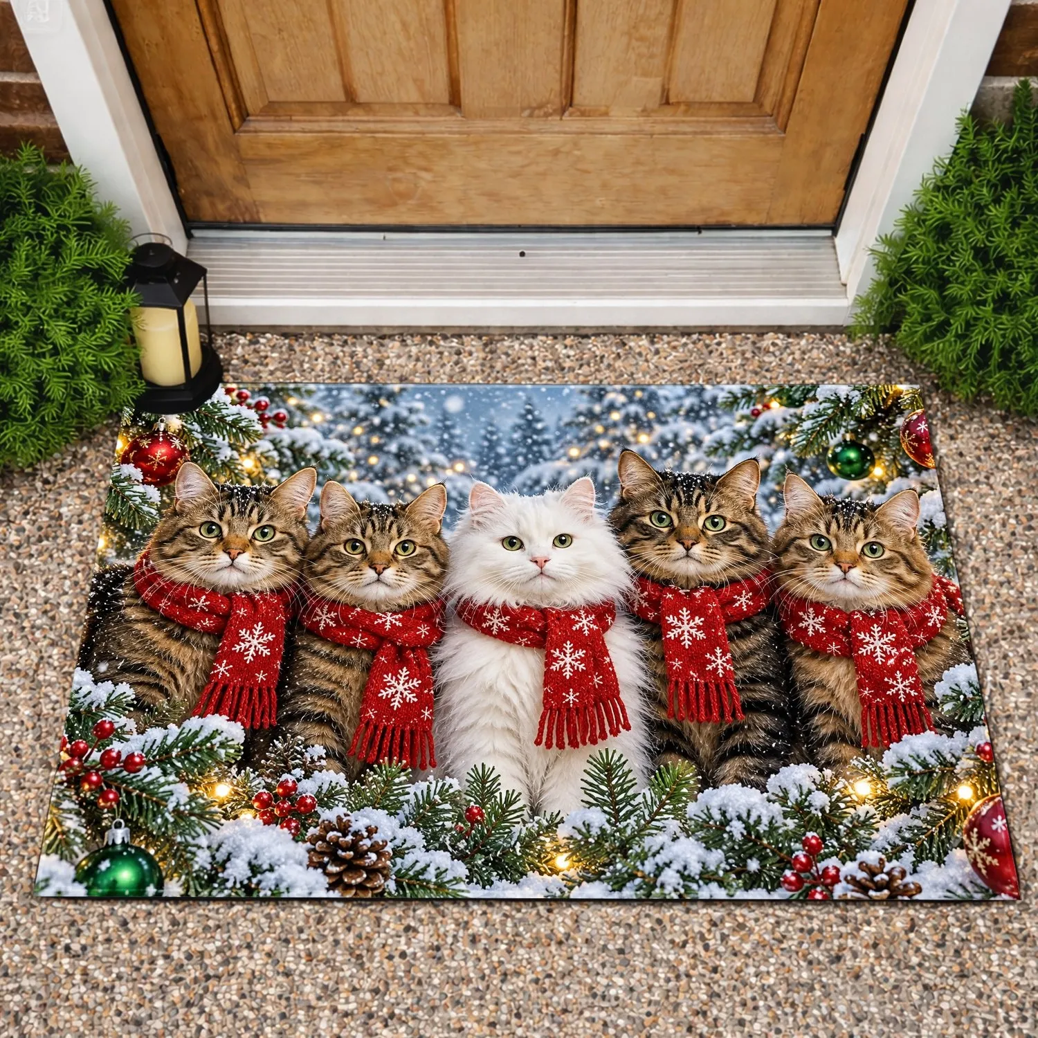 Five Christmas Cats in Red Scarves for Cozy Festive Holiday Home Decorating Season Doormat - 1