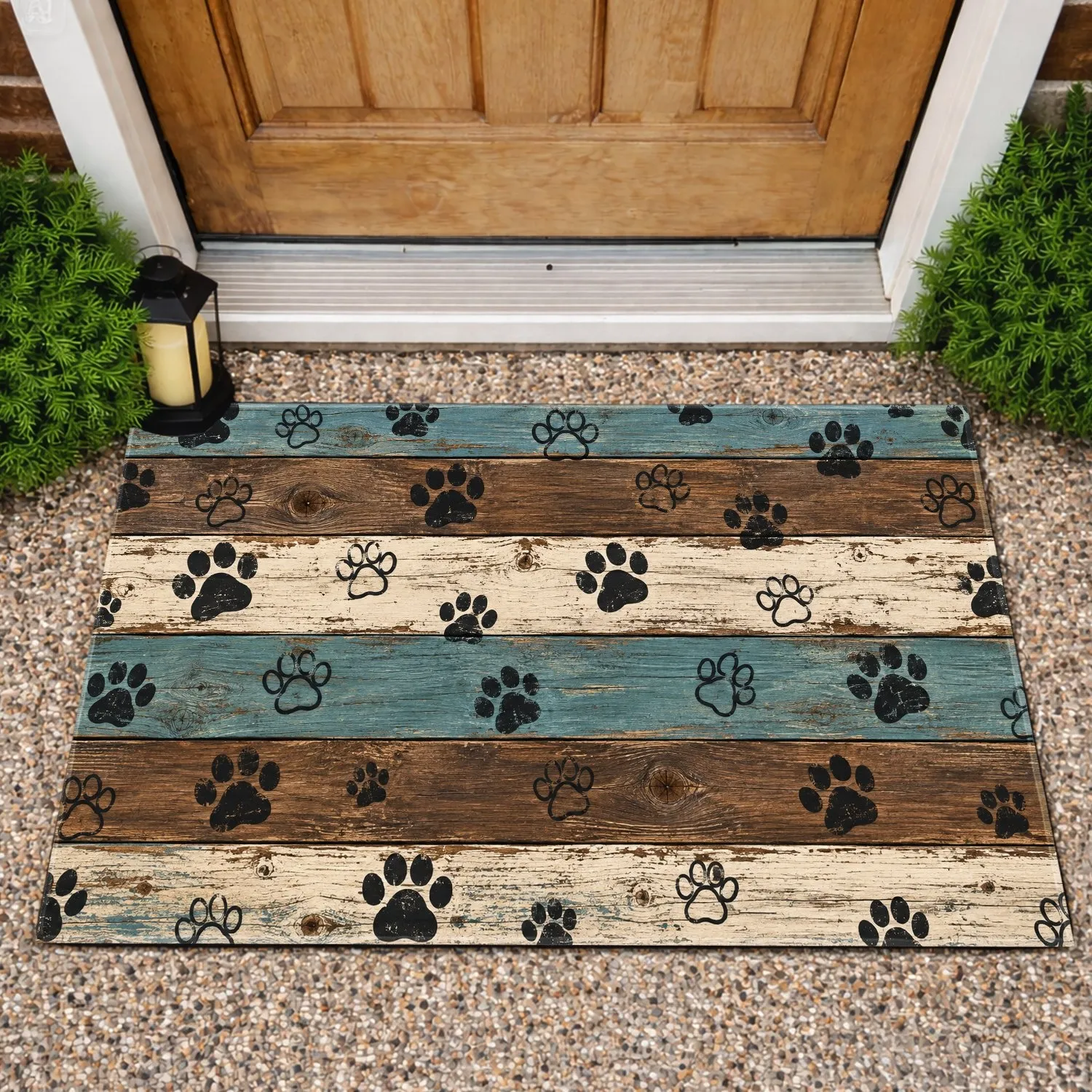 Weathered Teal and Rustic Wood with Scattered Paw Prints for Cozy Pet-Loving Homes Doormat - 1