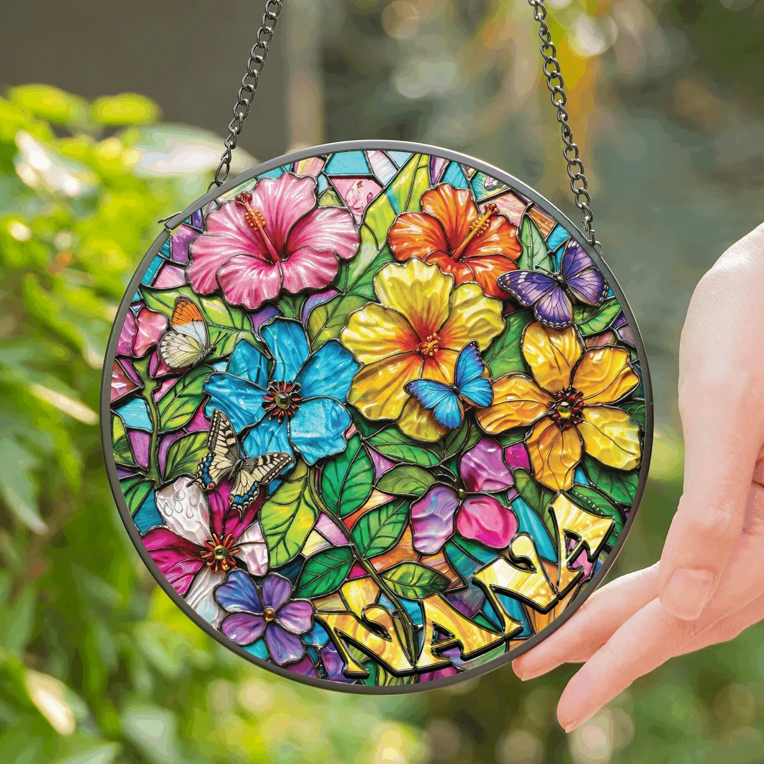 Personalized Hibiscus Butterfly Suncatcher – Custom Name Tropical Flower Stained Glass Decor, Christmas Gift for Nana - 1
