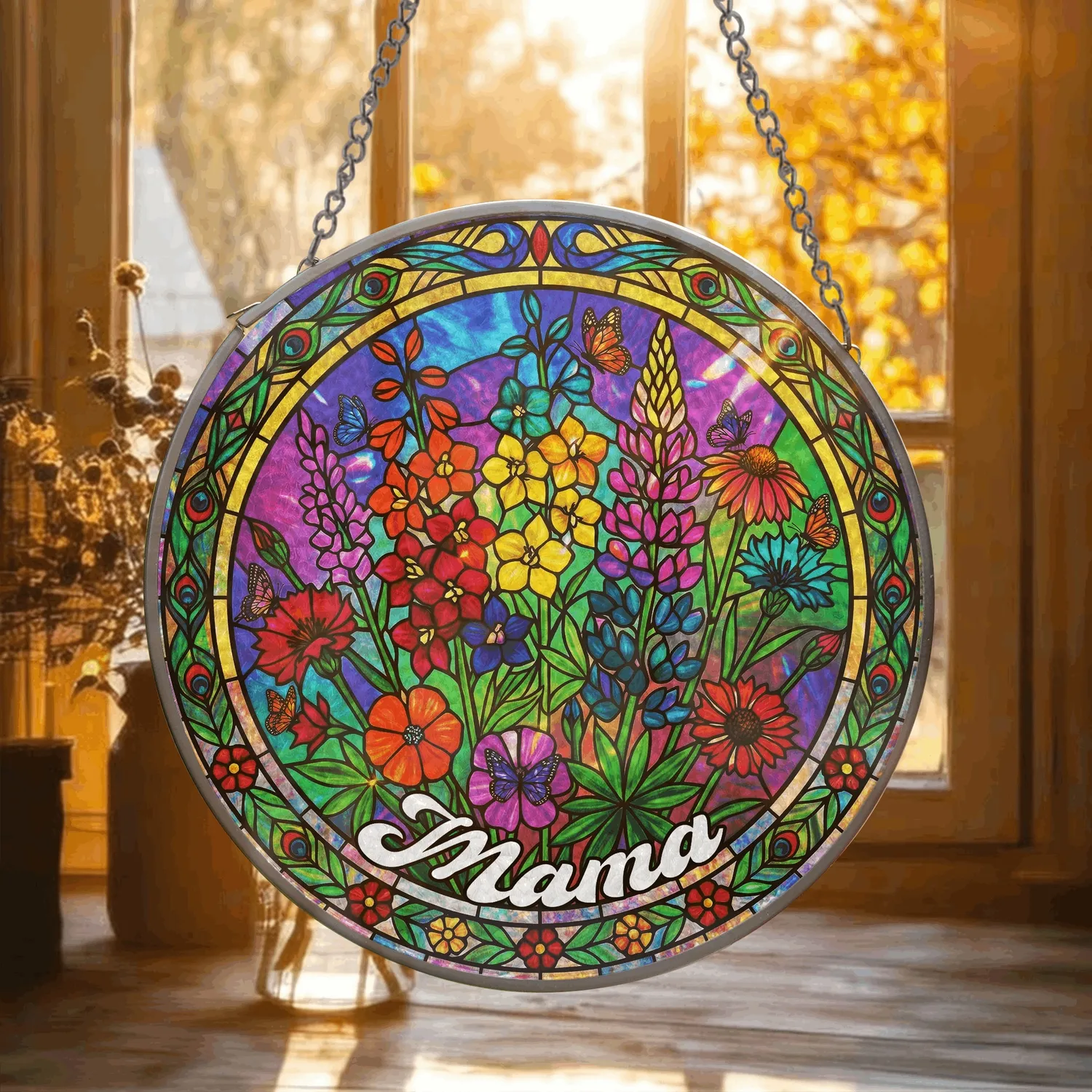 Personalized Wildflower Suncatcher – Custom Mama Name Peacock Feather Stained Glass Decor, Christmas Gift for Mom - 1