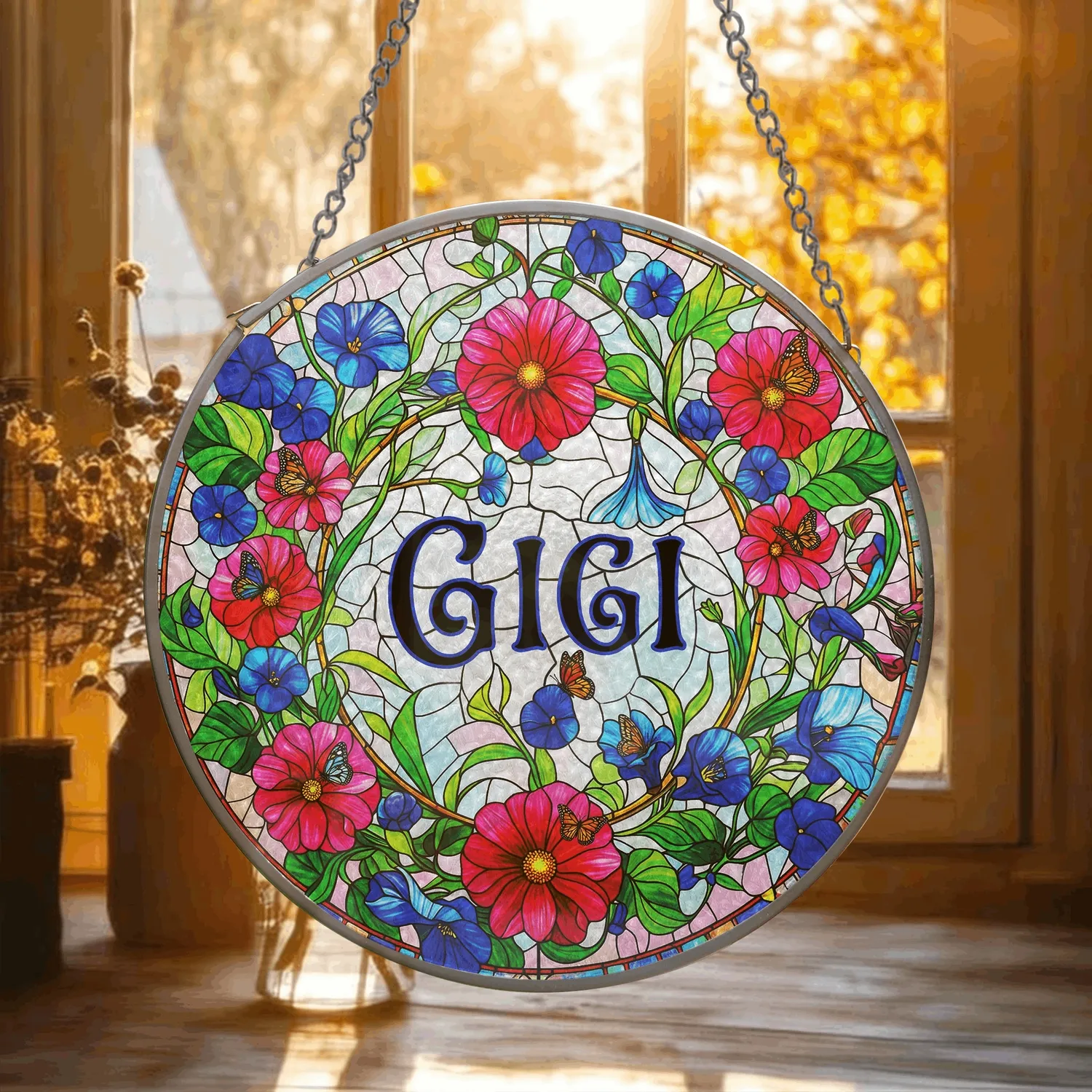 Personalized Morning Glory Suncatcher – Custom Gigi Name Flower Wreath Stained Glass Decor, Christmas Gift for Grandma - 1
