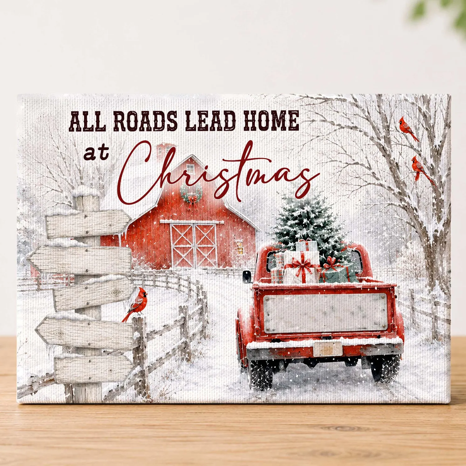 Custom Christmas Family Canvas Print, Personalized Family Name Red Truck Wall Art, All Roads Lead Home At Christmas Canvas - 1