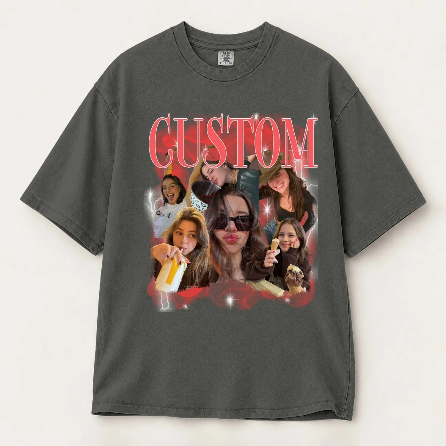 Personalized Bootleg Tee – Custom Photos & Name, 90s Smoke Cloud Lightning Photo Collage Birthday Gift - 1