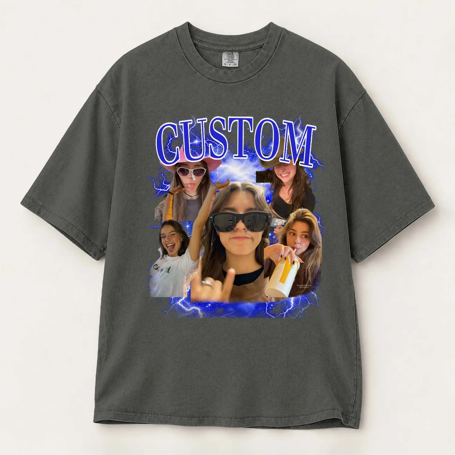 Personalized Bootleg Tee – Custom Photos & Name, Y2K Lightning Photo Collage Birthday Gift - 1