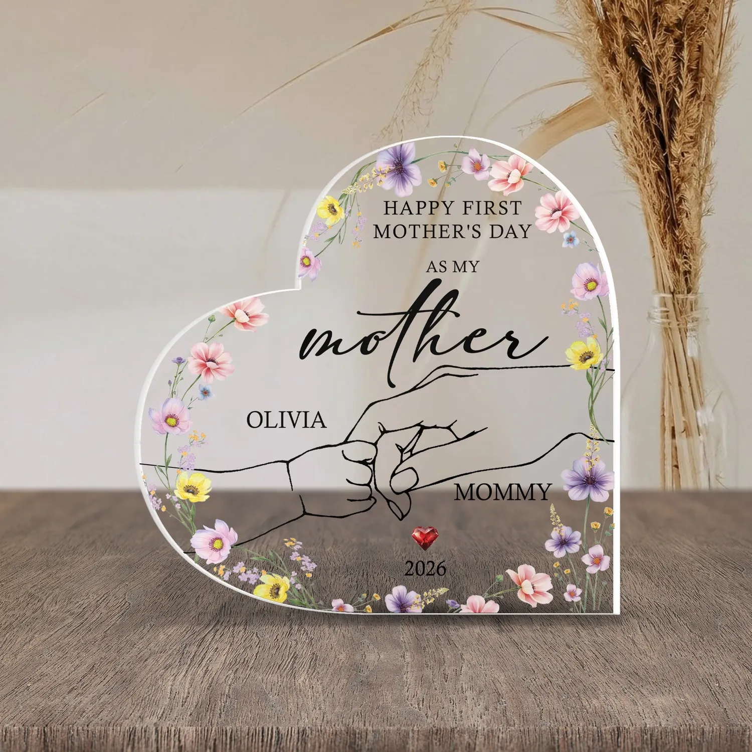 Personalized Happy First Mother's Day Heart Plaque – Custom Baby Name & Year Acrylic Keepsake for New Mom, Gift for Her - 1