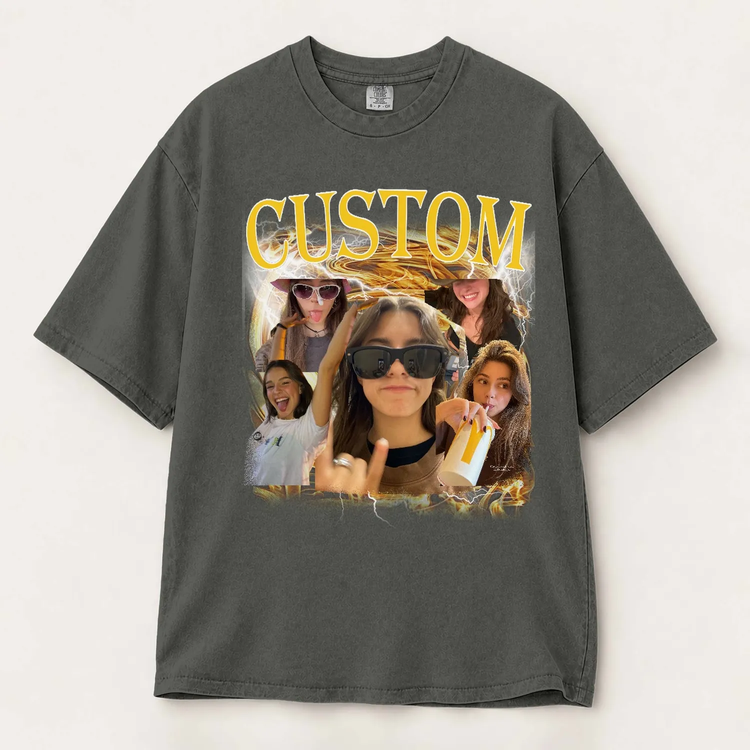 Personalized Bootleg Tee - Custom Name & Photo Collage, Chrome Swirl Lightning Birthday Gift - 1