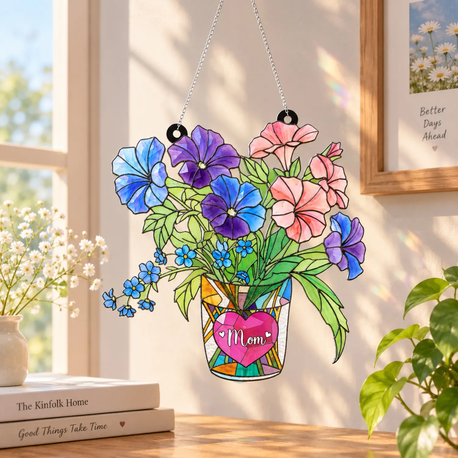 Personalized Flower Vase Ornament – Custom Mom Heart Name Petunia Bouquet Acrylic Decor, Christmas Gift for Mother - 1