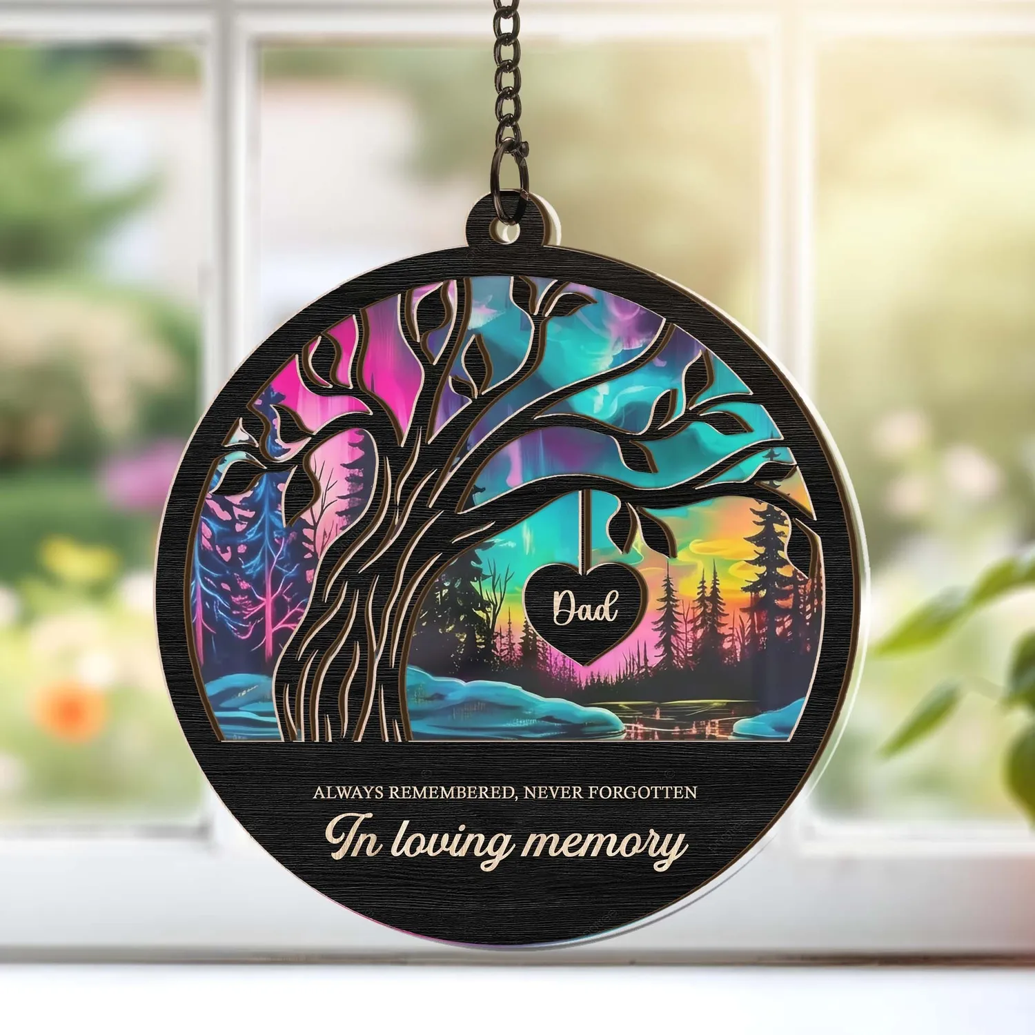 Personalized Memorial Tree Heart Ornament – Custom Dad Mom Name Aurora Wood Acrylic Keepsake, Christmas Sympathy Gift - 1