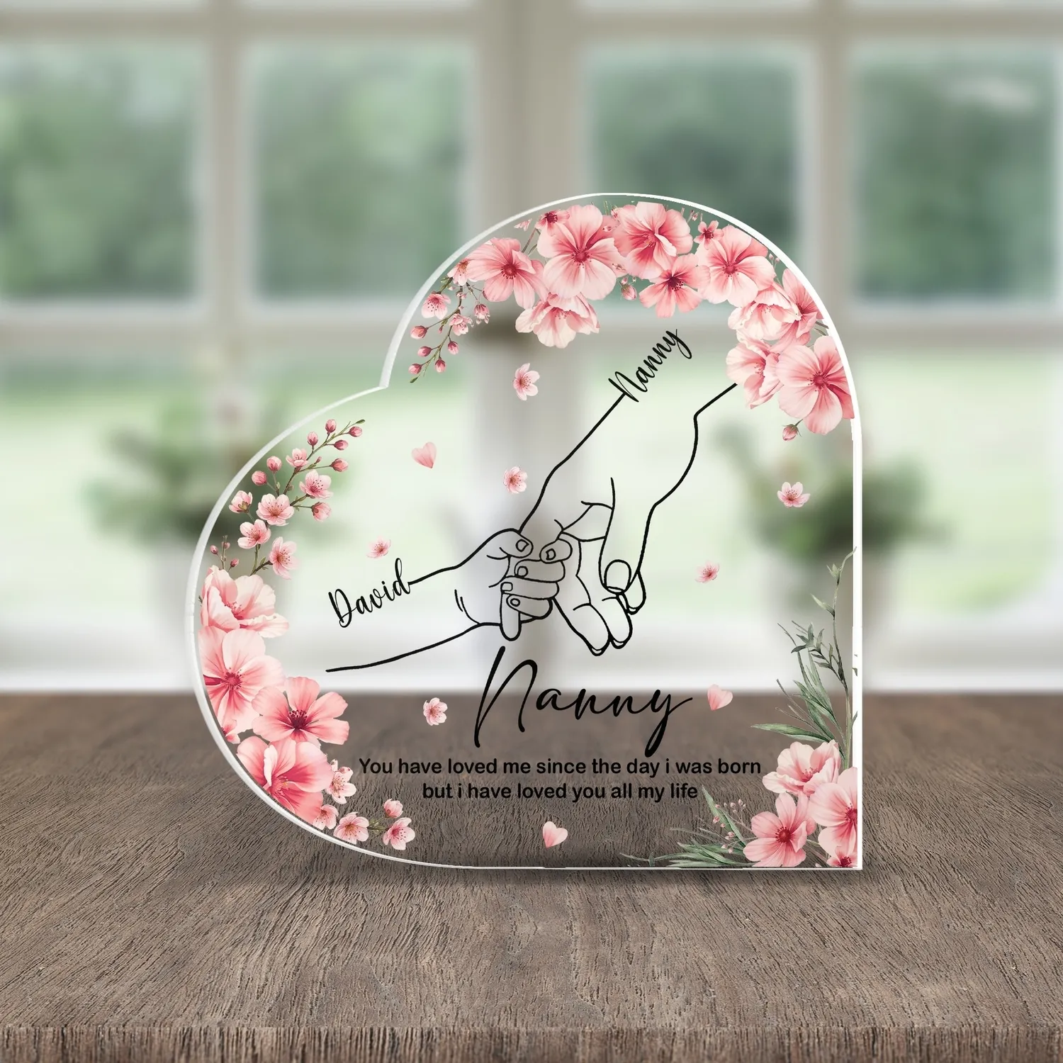 Personalized Nanny Holding Hands Heart Plaque – Custom Grandkid Name Pink Blossom Acrylic Keepsake, Christmas Gift - 1