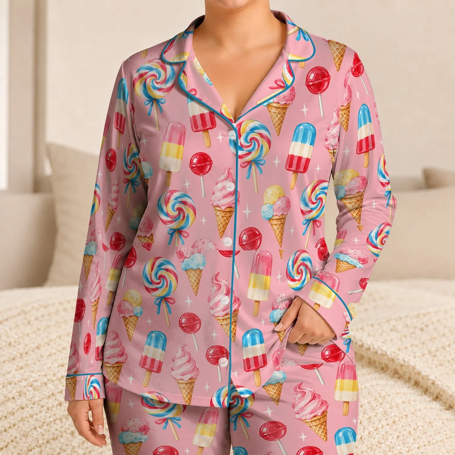 Colorful Ice Cream And Candy Sweets For Cheerful Summer Lounging Satin Pajamas Set - 1