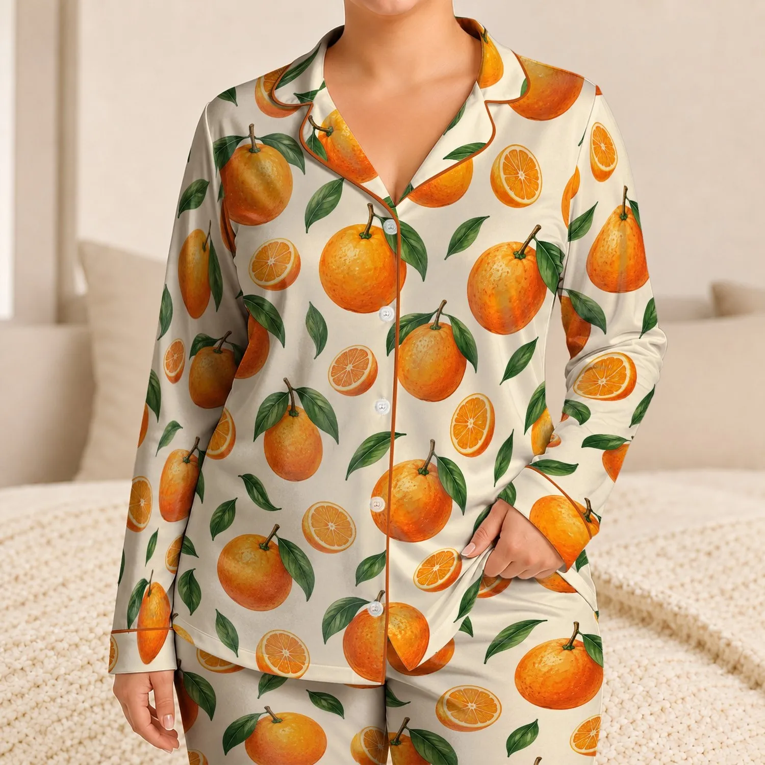 Sunlit Orange Fruit Motifs For Fresh Summer Lounging And Relaxed Weekend Mornings Satin Pajamas Set - 1