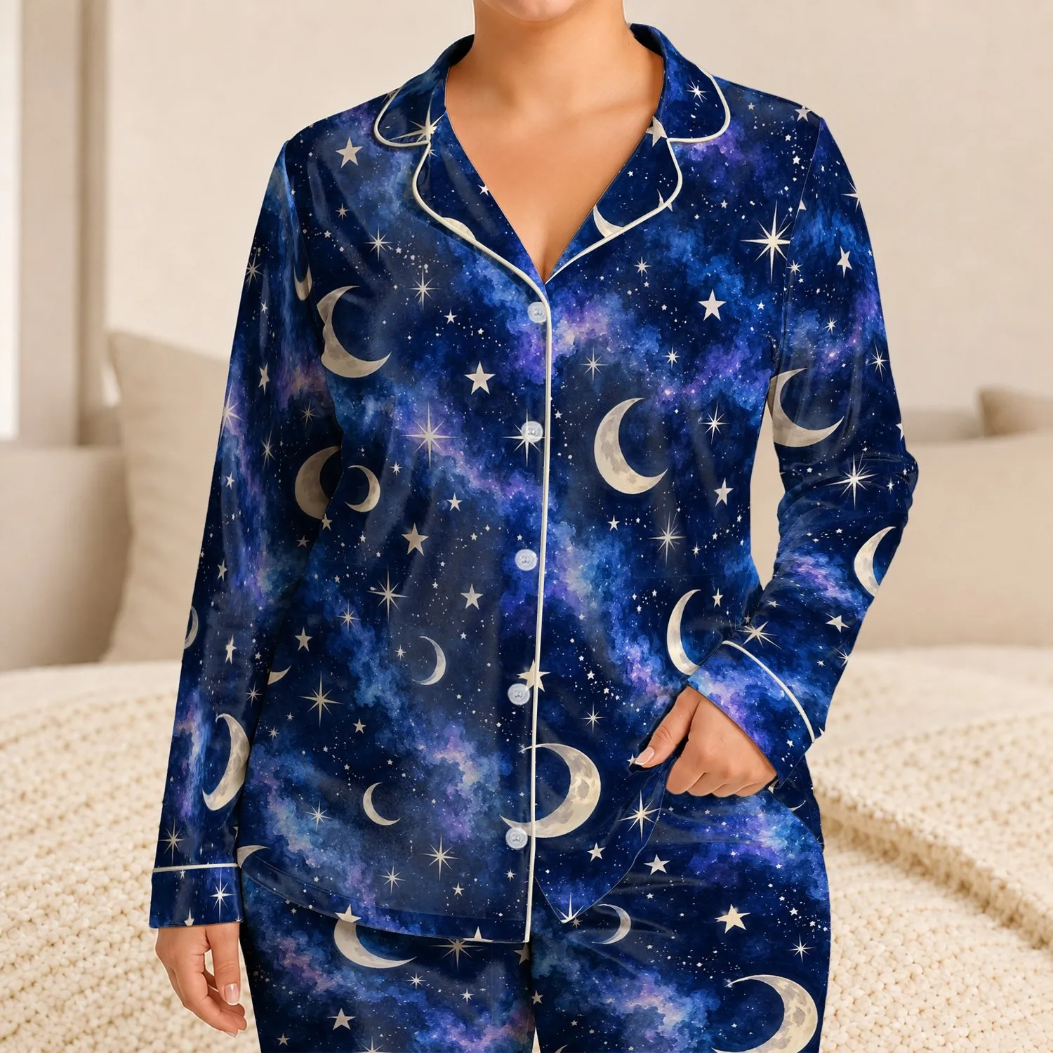 Crescent Moon and Starry Night Sky for Dreamy Stargazing Evenings Satin Pajamas Set - 1