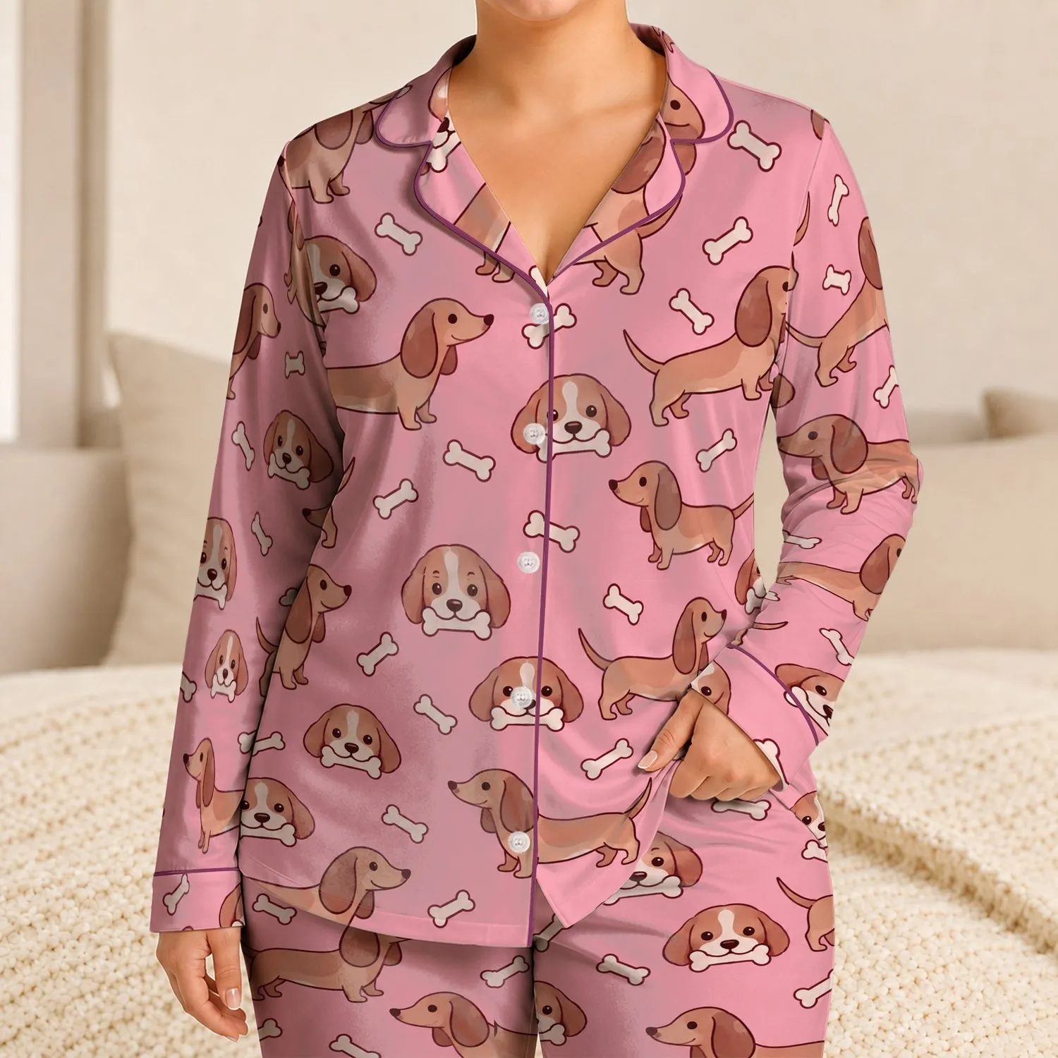 Playful Puppy and Dachshund Motifs for Cozy Evenings and Sweet Relaxation Satin Pajamas Set - 1
