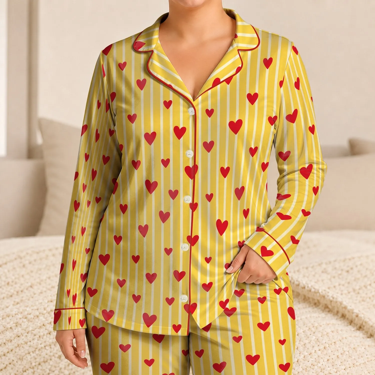 Golden Stripe Hearts for Cozy Valentine Mornings and Sweet Everyday Home Lounging Satin Pajamas Set - 1