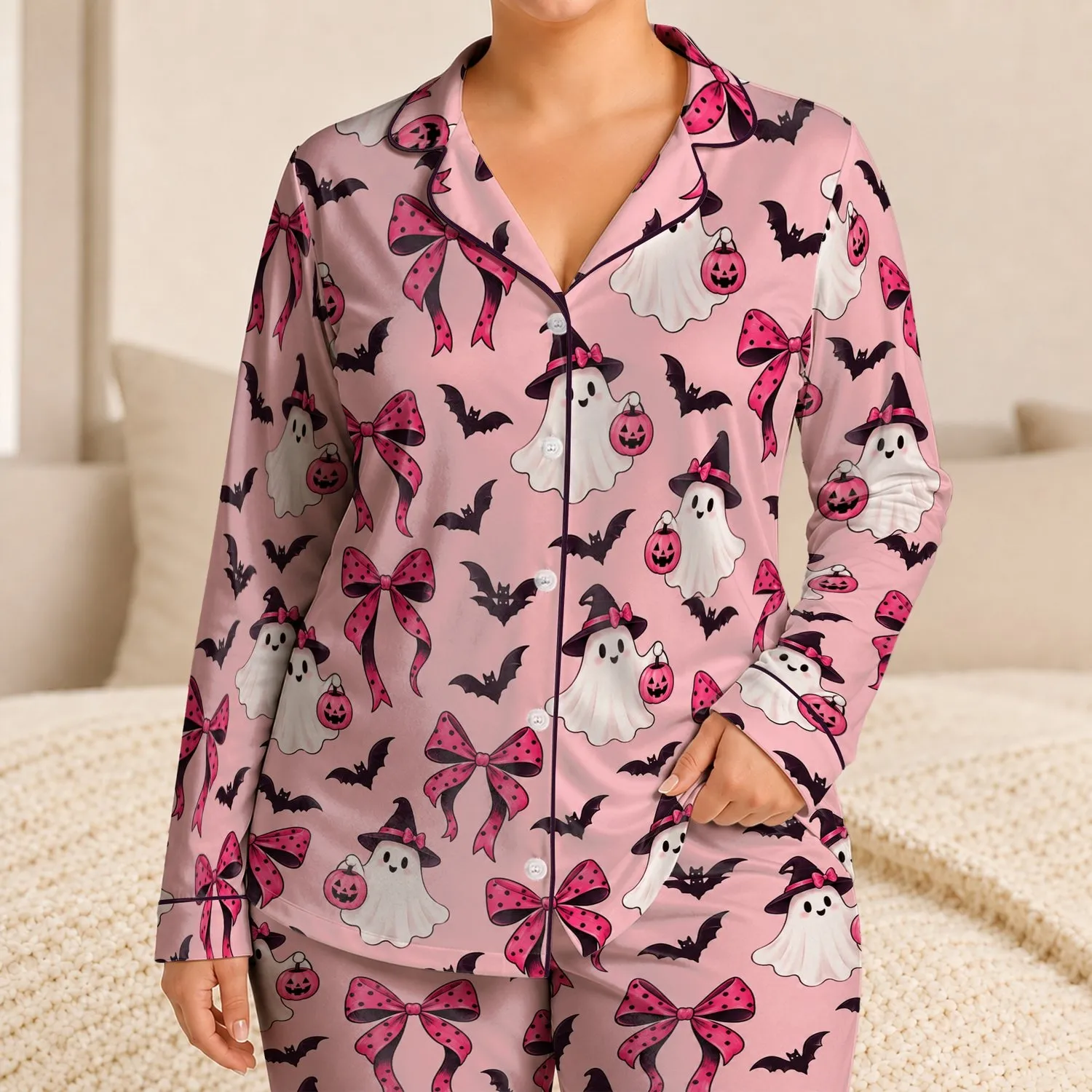 Pink Halloween Bows, Witchy Ghosts and Bats for Cozy October Nights and Festive Gifting Satin Pajamas Set - 1