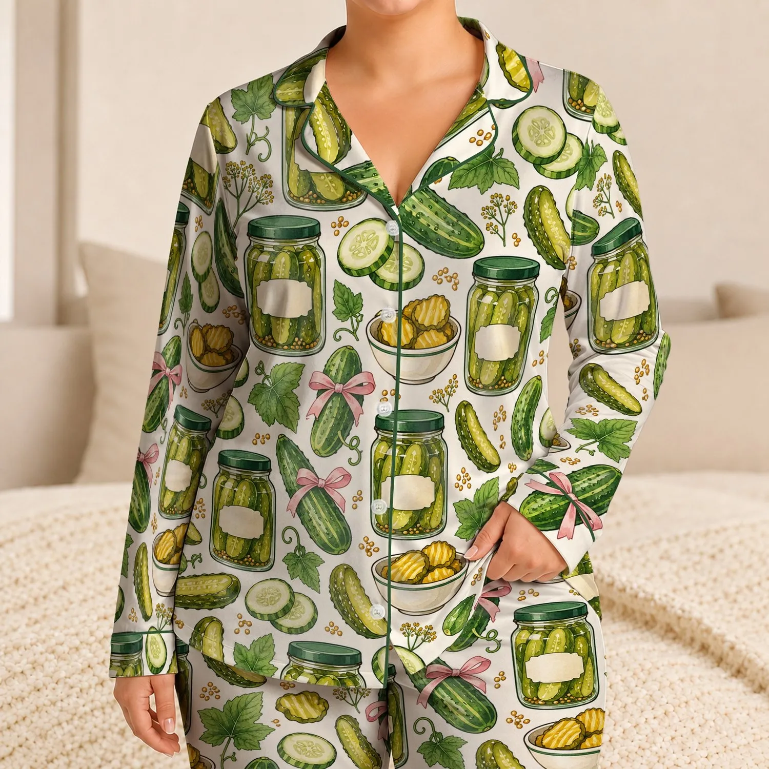 Whimsical Pickle Jars And Cucumbers For Cozy Nights And Foodie Gift Giving For Her Satin Pajamas Set - 1