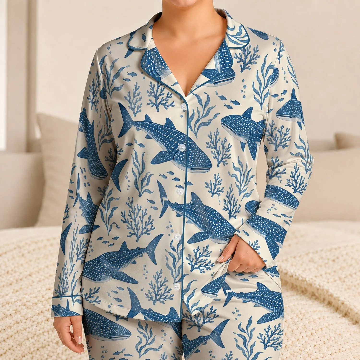 Blue Whale Shark Ocean Motifs for Coastal Relaxation and Peaceful Nights by the Sea Satin Pajamas Set - 1