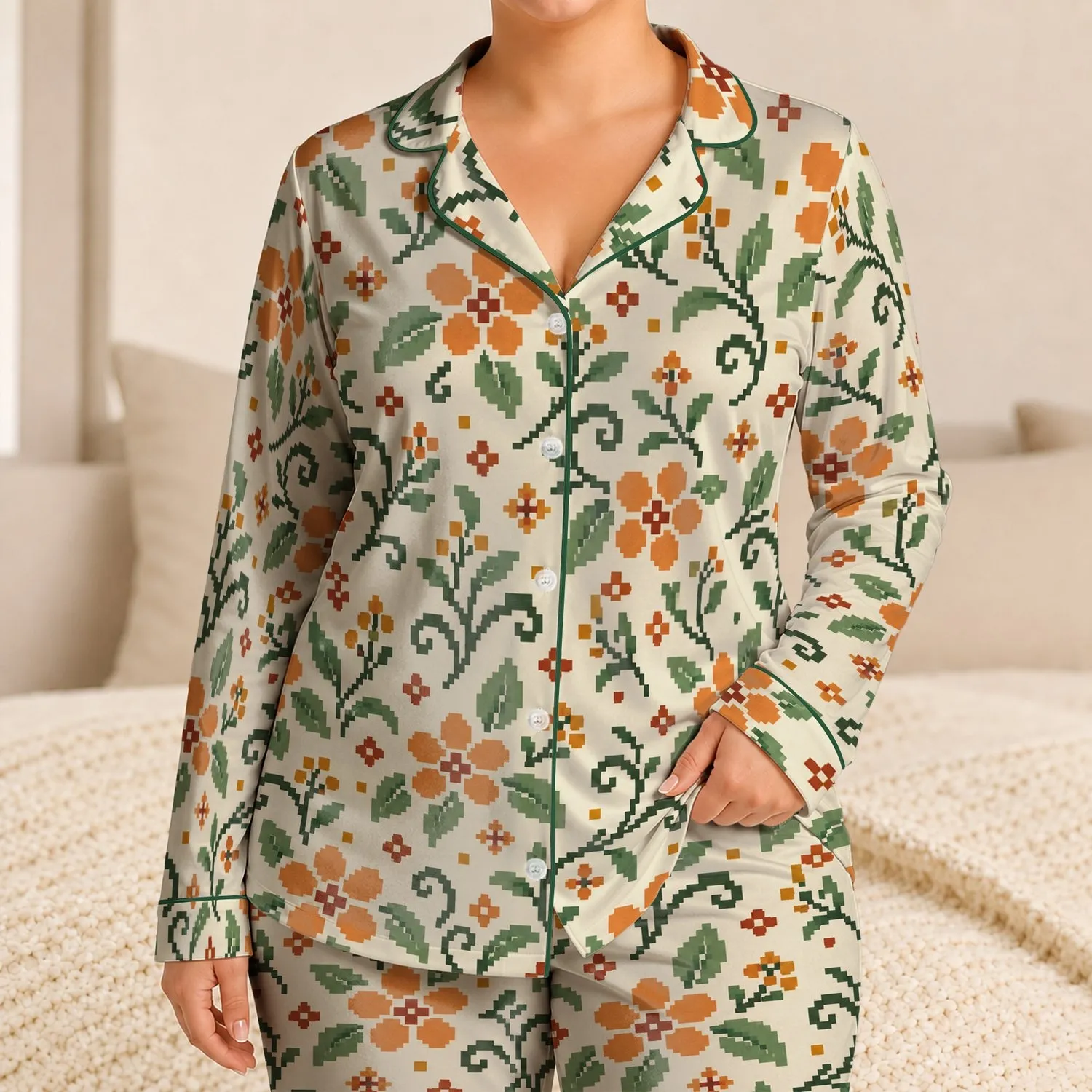 Pixel Floral Greenery and Orange Blossoms for Fresh Summer Lounging at Home Satin Pajamas Set - 1