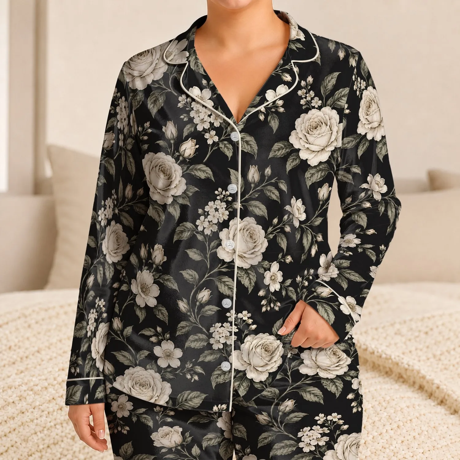 Ivory Rose and Wildflower Motifs for Relaxed Summer Evenings and Elegant Lounging Satin Pajamas Set - 1