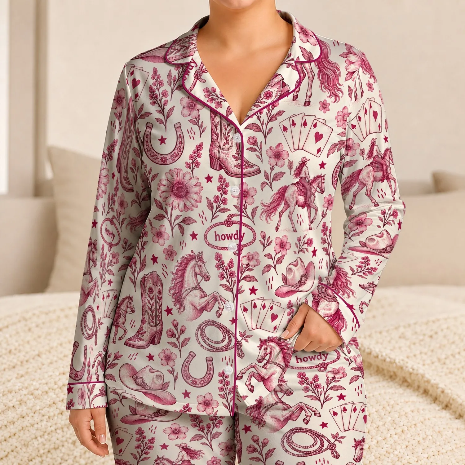 Ivory Western Wildflowers, Cowboy Boots and Horses for Cozy Holiday Evenings Satin Pajamas Set - 1